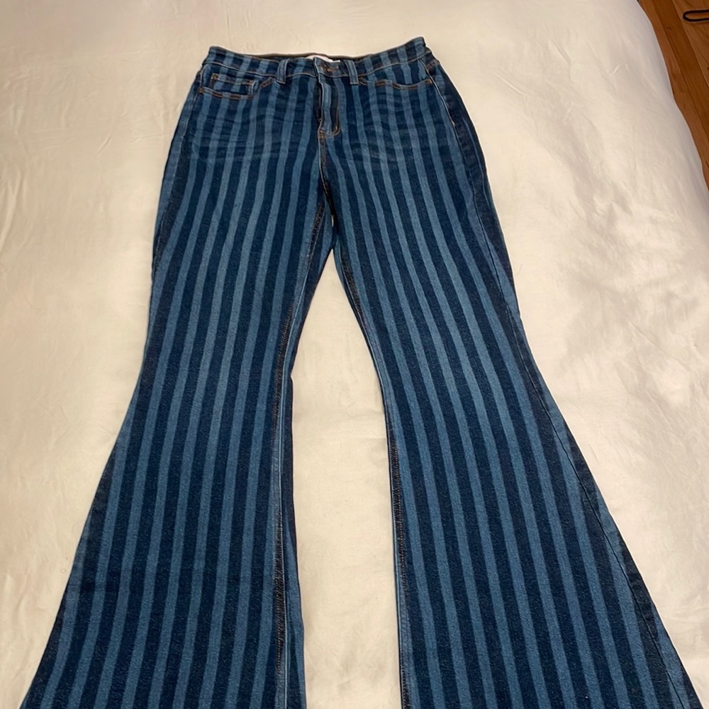 New Stripe Denim Flare Jeans Bell Bottom Raw Edge size 11